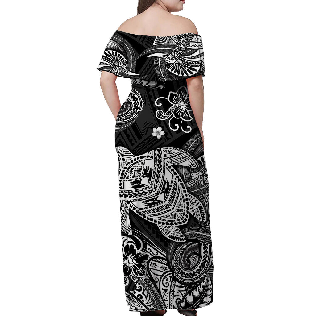 Hawaii Turtle Polynesian Off Shoulder Long Dress Plumeria Flower Unique Style Black