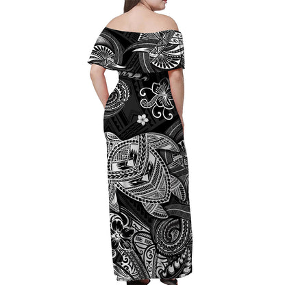 Hawaii Turtle Polynesian Off Shoulder Long Dress Plumeria Flower Unique Style Black