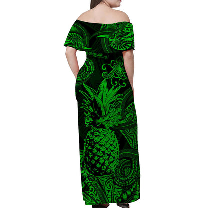 Hawaii Pineapple Polynesian Off Shoulder Long Dress Unique Style Green
