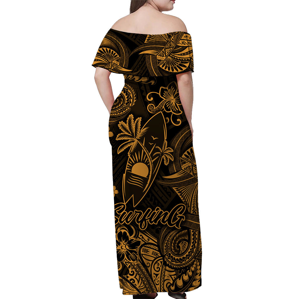 Hawaii Surfing Polynesian Off Shoulder Long Dress Unique Style Gold