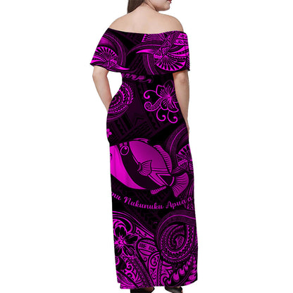 Hawaii State Fish: Humuhumu Nukunuku Apuaa Polynesian Off Shoulder Long Dress Unique Style Pink