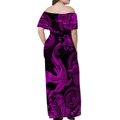 Hawaii Angry Shark Polynesian Off Shoulder Long Dress Unique Style Pink