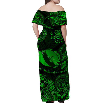 Hawaii State Fish: Humuhumu Nukunuku Apuaa Polynesian Off Shoulder Long Dress Unique Style Green