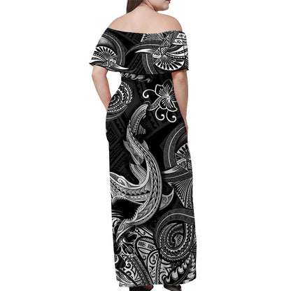 Hawaii Angry Shark Polynesian Off Shoulder Long Dress Unique Style Black