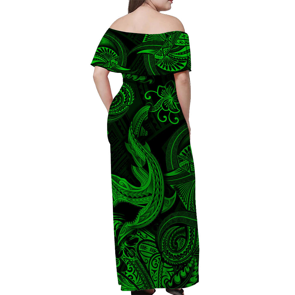 Hawaii Angry Shark Polynesian Off Shoulder Long Dress Unique Style Green