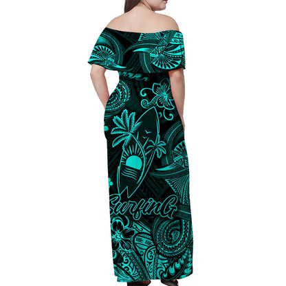 Hawaii Surfing Polynesian Off Shoulder Long Dress Unique Style Turquoise