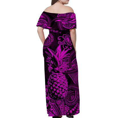 Hawaii Pineapple Polynesian Off Shoulder Long Dress Unique Style Pink