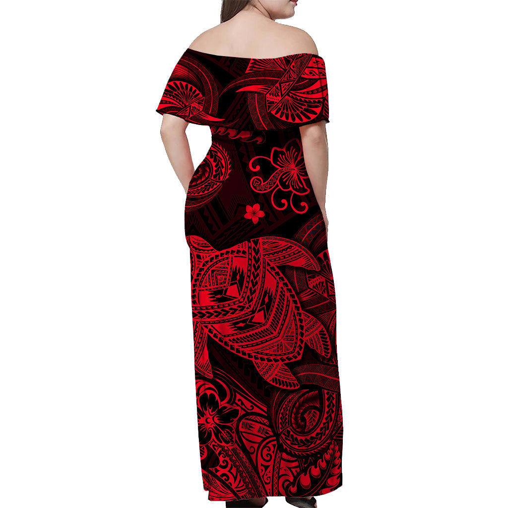 Hawaii Turtle Polynesian Off Shoulder Long Dress Plumeria Flower Unique Style Red