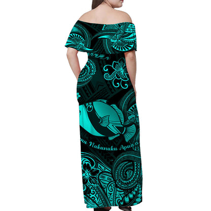 Hawaii State Fish: Humuhumu Nukunuku Apuaa Polynesian Off Shoulder Long Dress Unique Style Turquoise