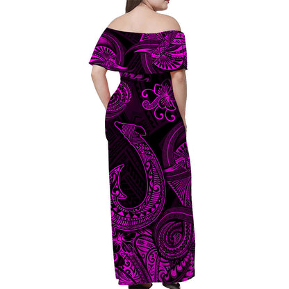 Hawaii Fish Hook Polynesian Off Shoulder Long Dress Unique Style Pink