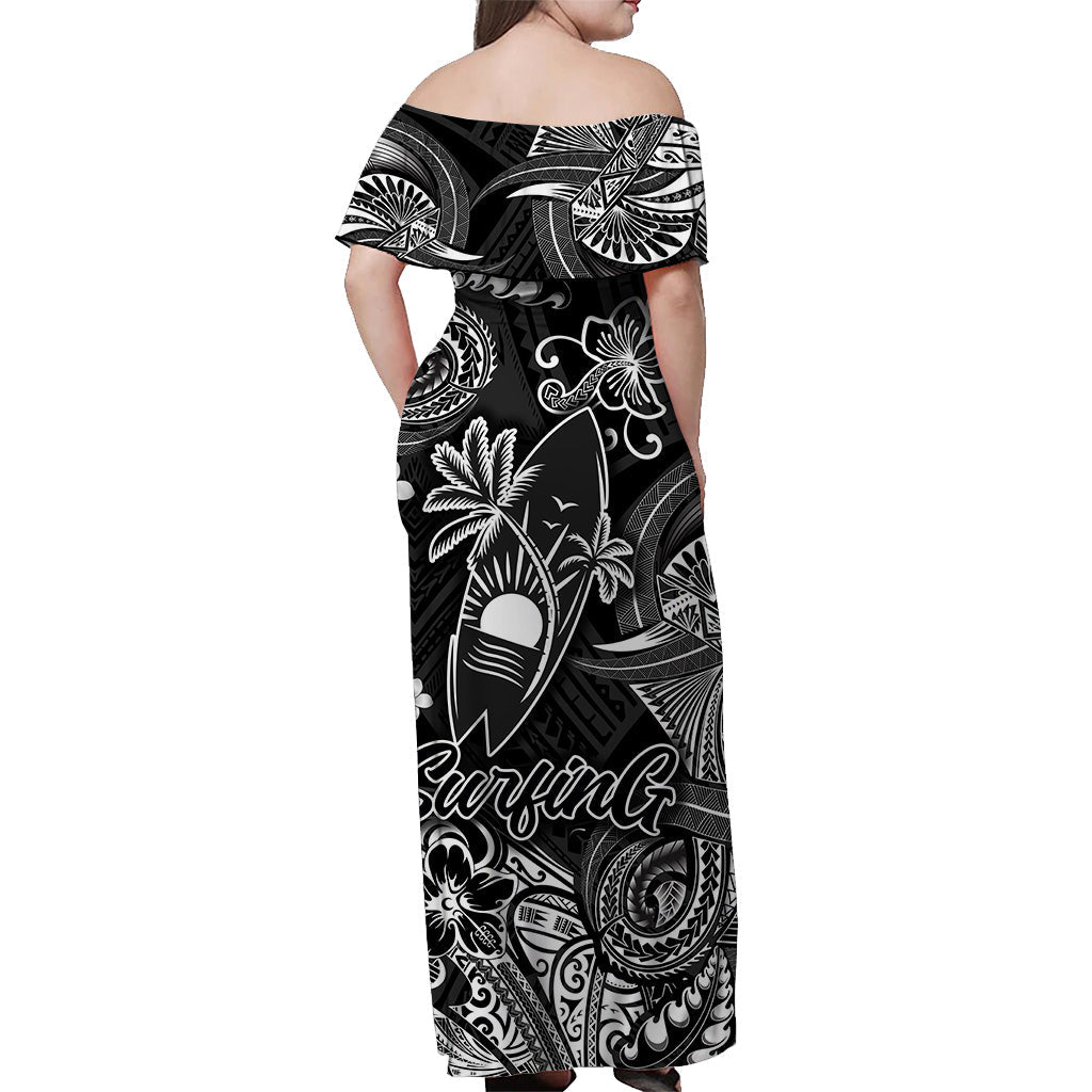 Hawaii Surfing Polynesian Off Shoulder Long Dress Unique Style Black