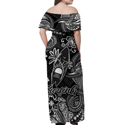 Hawaii Surfing Polynesian Off Shoulder Long Dress Unique Style Black