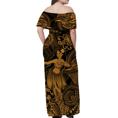 Hawaii Hula Girl Polynesian Off Shoulder Long Dress Unique Style Gold