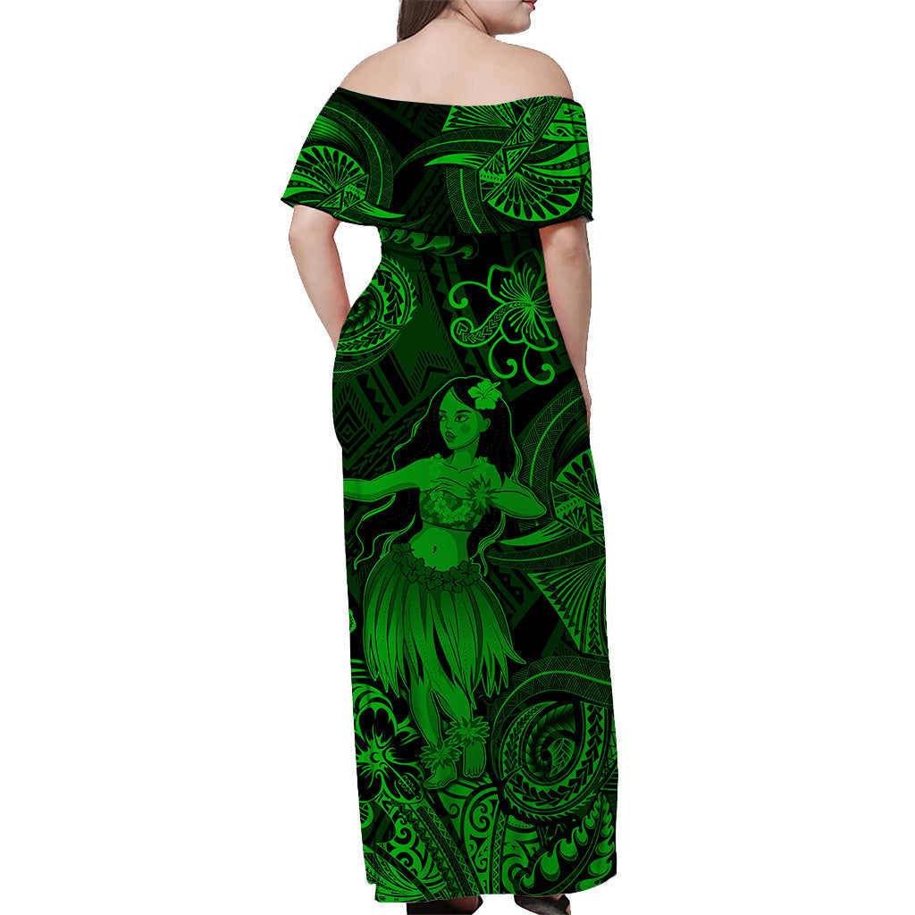 Hawaii Hula Girl Polynesian Off Shoulder Long Dress Unique Style Green
