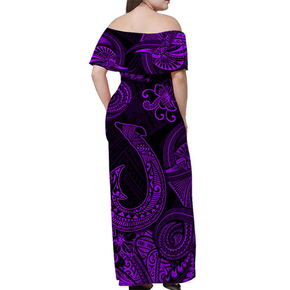 Hawaii Fish Hook Polynesian Off Shoulder Long Dress Unique Style Purple