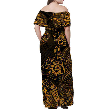 Hawaii Shaka Polynesian Off Shoulder Long Dress Unique Style Gold