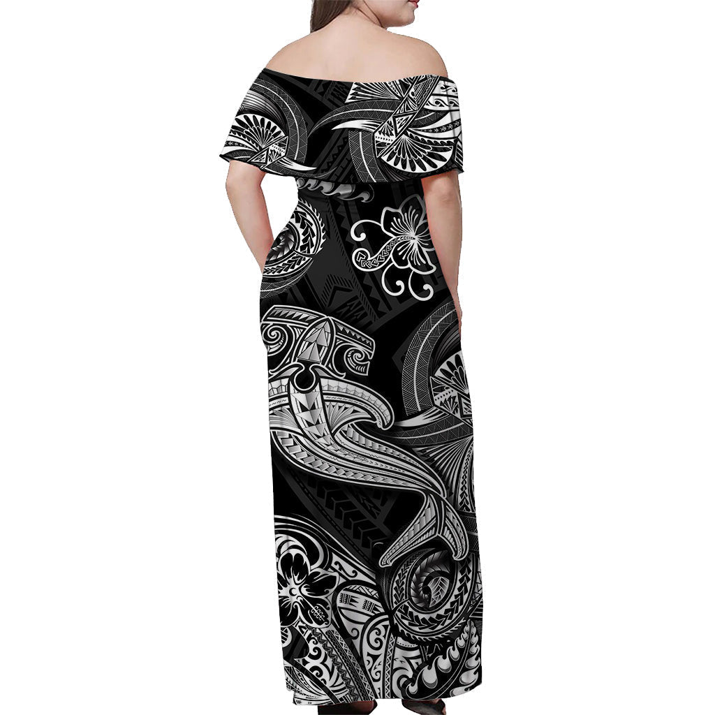 Hawaii Hammer Shark Polynesian Off Shoulder Long Dress Unique Style Black