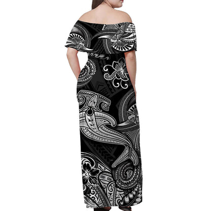 Hawaii Hammer Shark Polynesian Off Shoulder Long Dress Unique Style Black