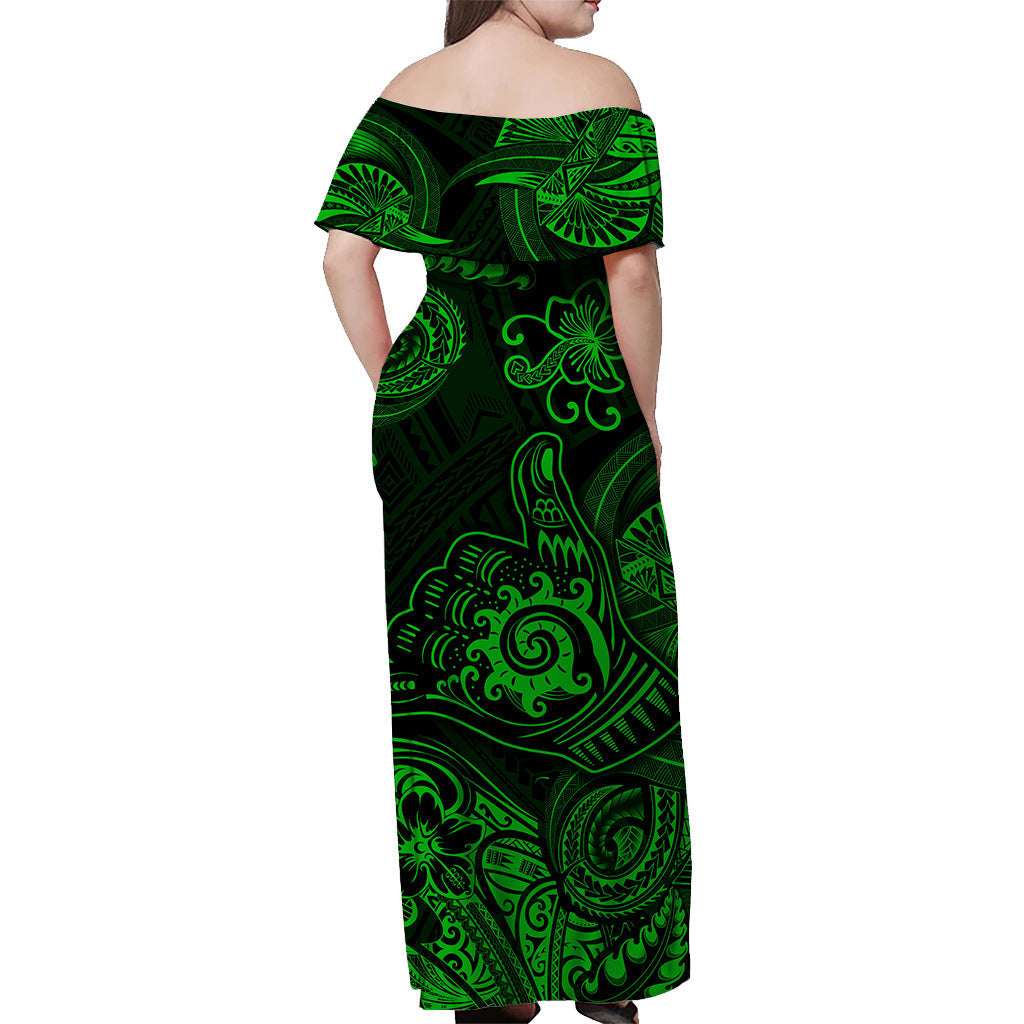 Hawaii Shaka Polynesian Off Shoulder Long Dress Unique Style Green