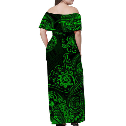 Hawaii Shaka Polynesian Off Shoulder Long Dress Unique Style Green