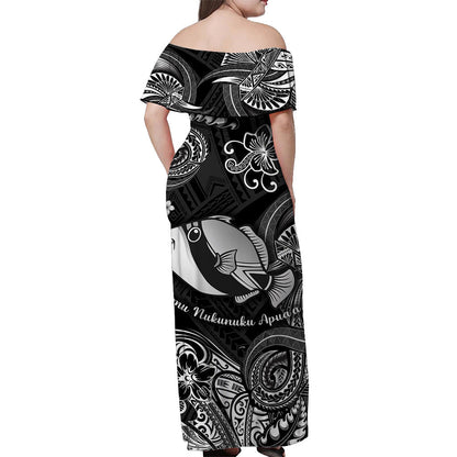 Hawaii State Fish: Humuhumu Nukunuku Apuaa Polynesian Off Shoulder Long Dress Unique Style Black