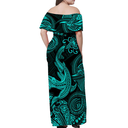 Hawaii Angry Shark Polynesian Off Shoulder Long Dress Unique Style Turquoise