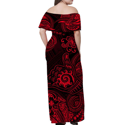 Hawaii Shaka Polynesian Off Shoulder Long Dress Unique Style Red