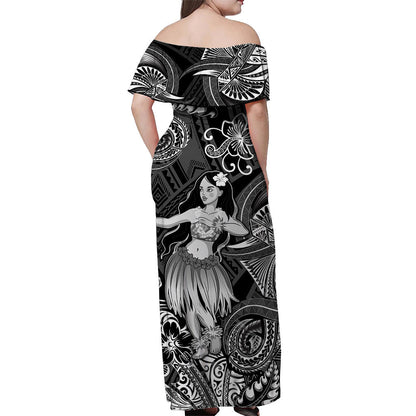 Hawaii Hula Girl Polynesian Off Shoulder Long Dress Unique Style Black