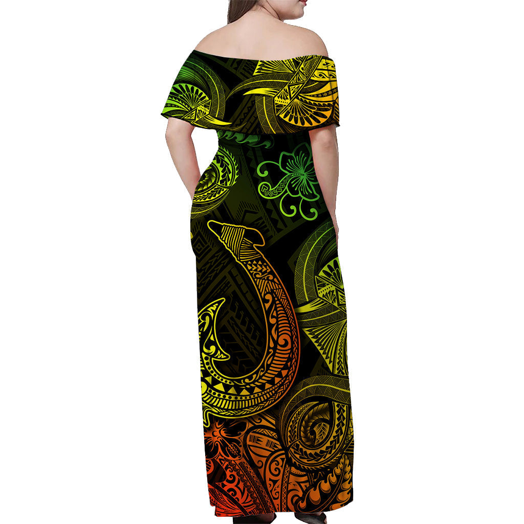 Hawaii Fish Hook Polynesian Off Shoulder Long Dress Unique Style Reggae