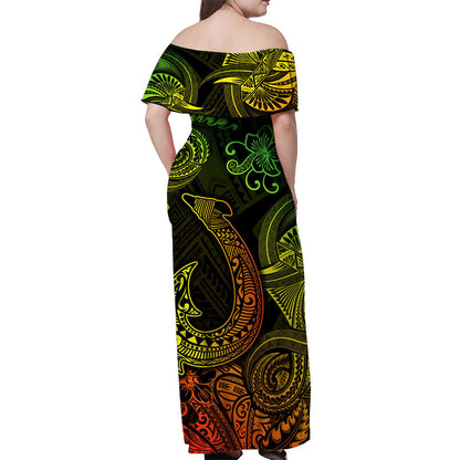 Hawaii Fish Hook Polynesian Off Shoulder Long Dress Unique Style Reggae