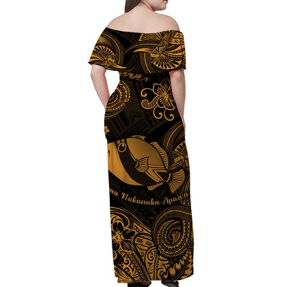 Hawaii State Fish: Humuhumu Nukunuku Apuaa Polynesian Off Shoulder Long Dress Unique Style Gold