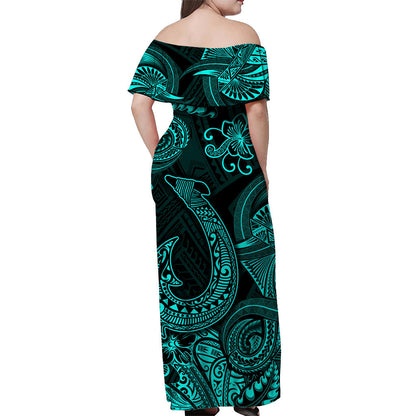 Hawaii Fish Hook Polynesian Off Shoulder Long Dress Unique Style Turquoise