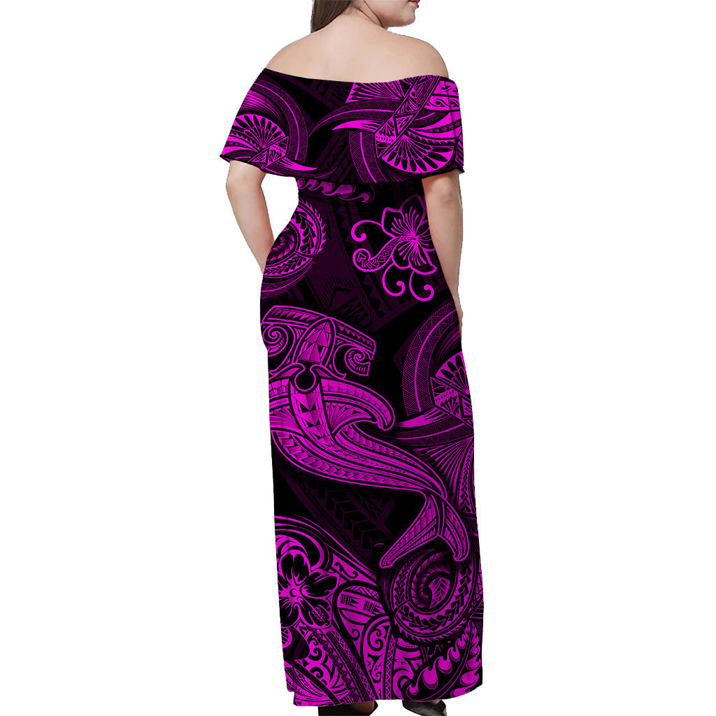 Hawaii Hammer Shark Polynesian Off Shoulder Long Dress Unique Style Pink