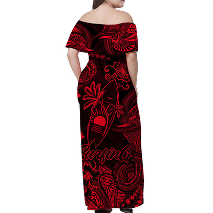 Hawaii Surfing Polynesian Off Shoulder Long Dress Unique Style Red