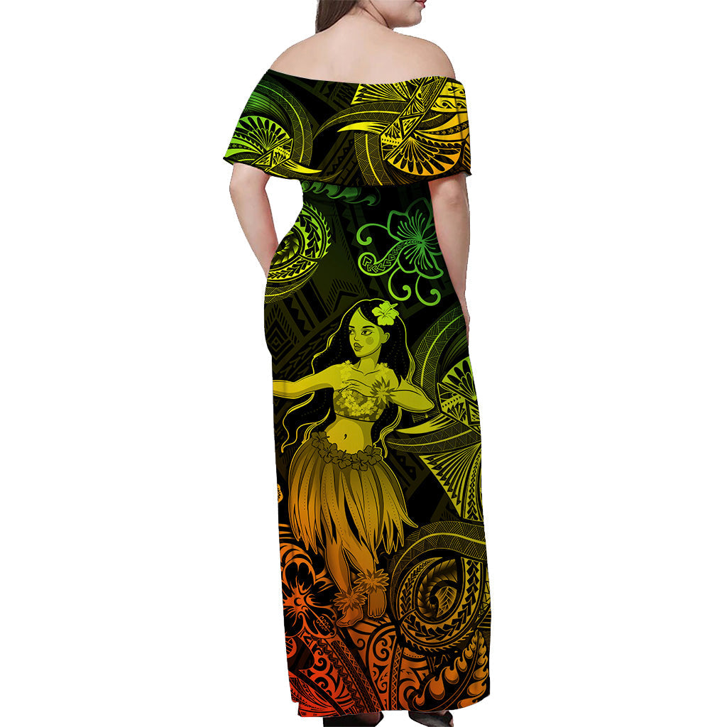 Hawaii Hula Girl Polynesian Off Shoulder Long Dress Unique Style Reggae