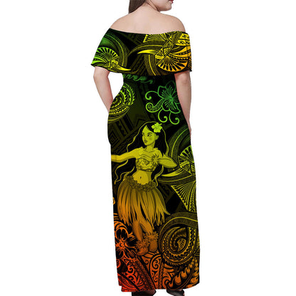 Hawaii Hula Girl Polynesian Off Shoulder Long Dress Unique Style Reggae