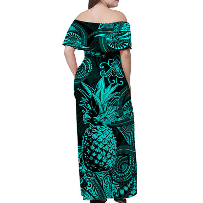 Hawaii Pineapple Polynesian Off Shoulder Long Dress Unique Style Turquoise
