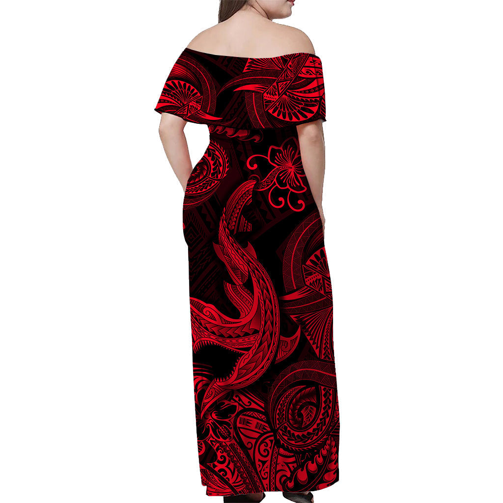 Hawaii Angry Shark Polynesian Off Shoulder Long Dress Unique Style Red