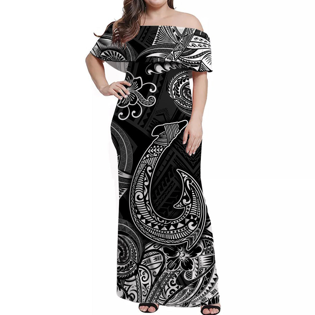 Hawaii Fish Hook Polynesian Off Shoulder Long Dress Unique Style Black