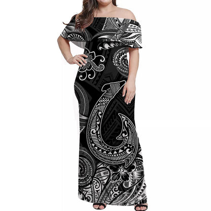 Hawaii Fish Hook Polynesian Off Shoulder Long Dress Unique Style Black