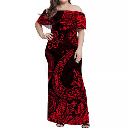 Hawaii Fish Hook Polynesian Off Shoulder Long Dress Unique Style Red