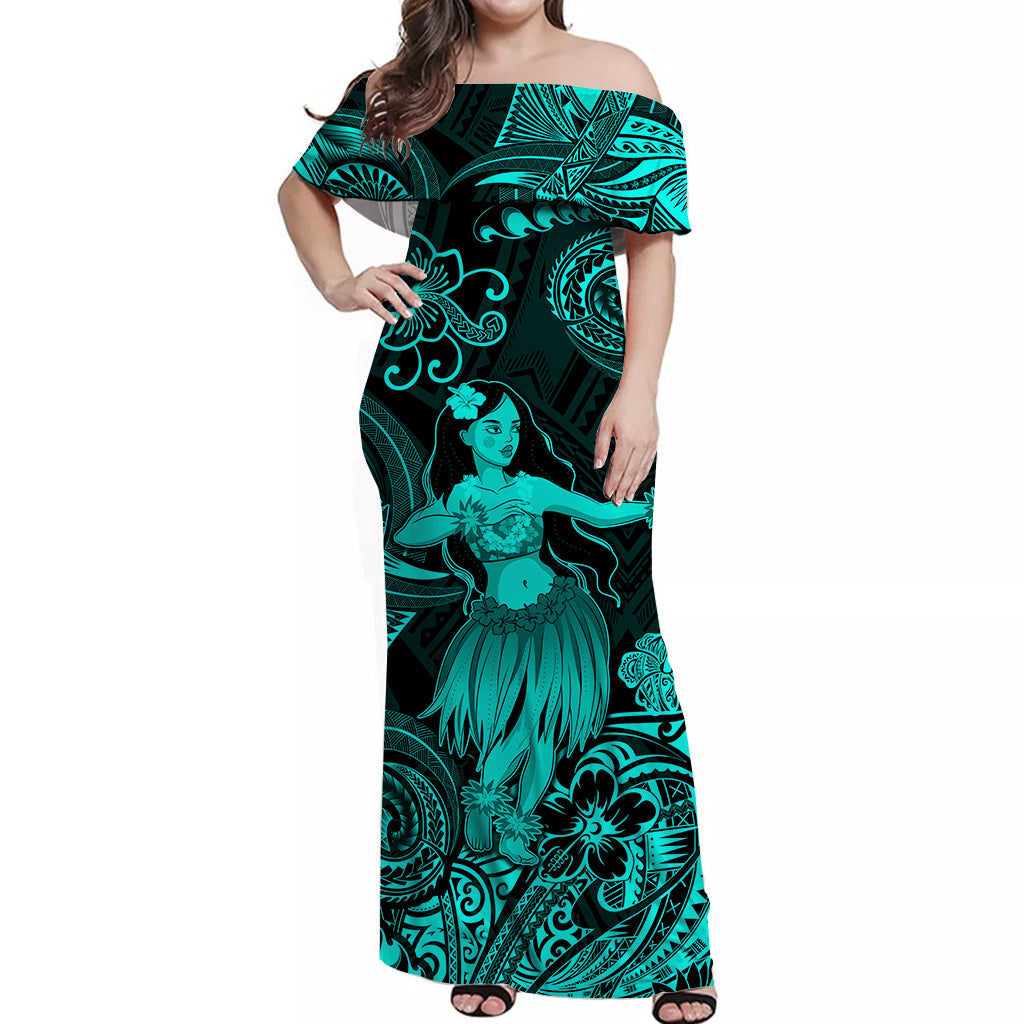 Hawaii Hula Girl Polynesian Off Shoulder Long Dress Unique Style Turquoise