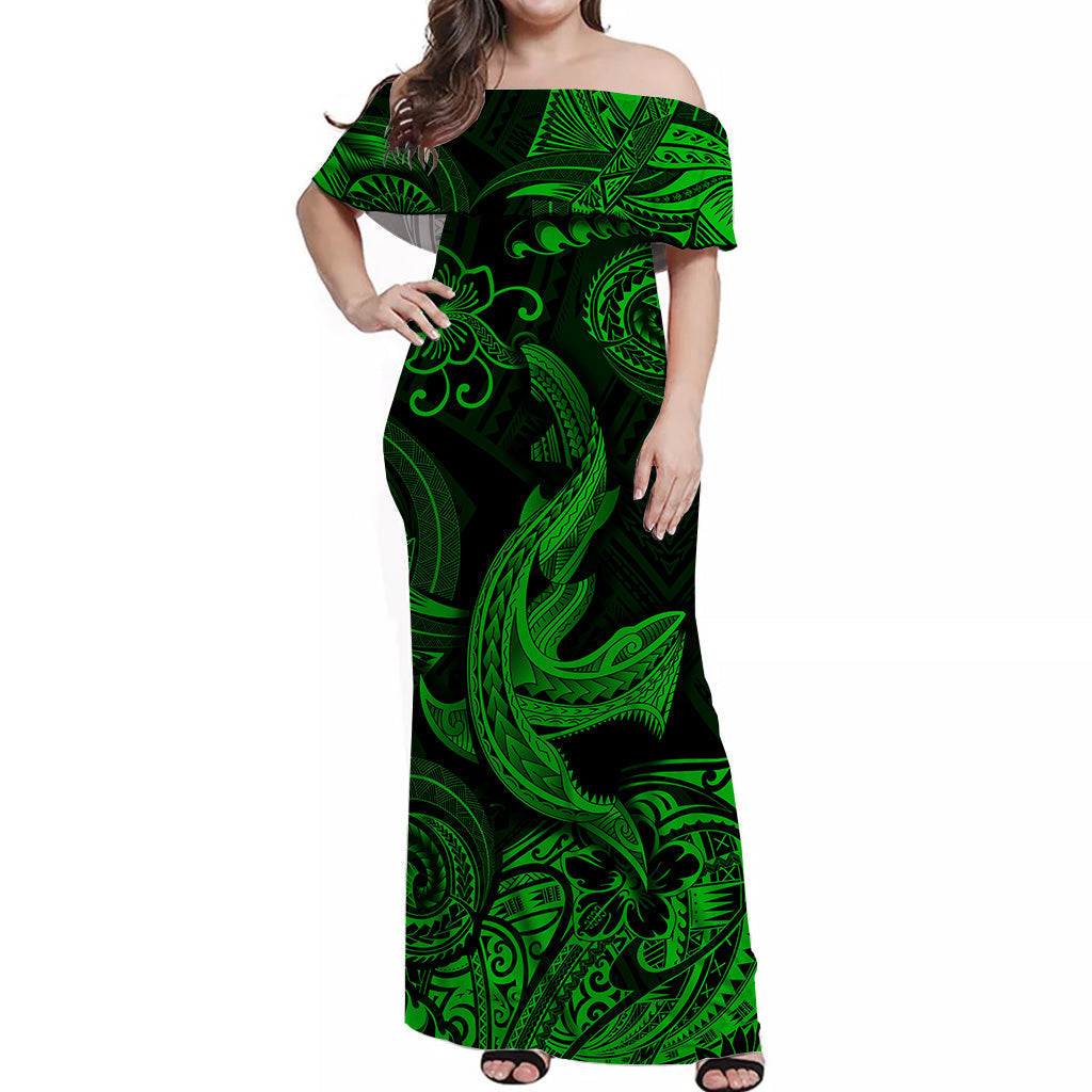 Hawaii Angry Shark Polynesian Off Shoulder Long Dress Unique Style Green