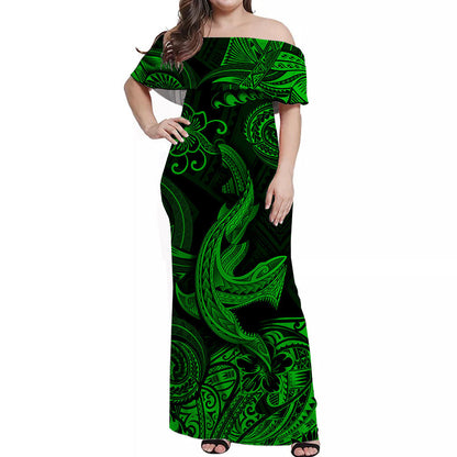 Hawaii Angry Shark Polynesian Off Shoulder Long Dress Unique Style Green