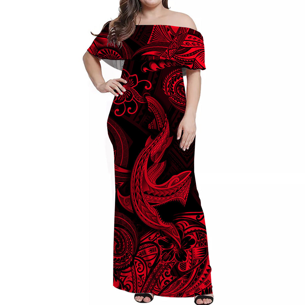 Hawaii Angry Shark Polynesian Off Shoulder Long Dress Unique Style Red
