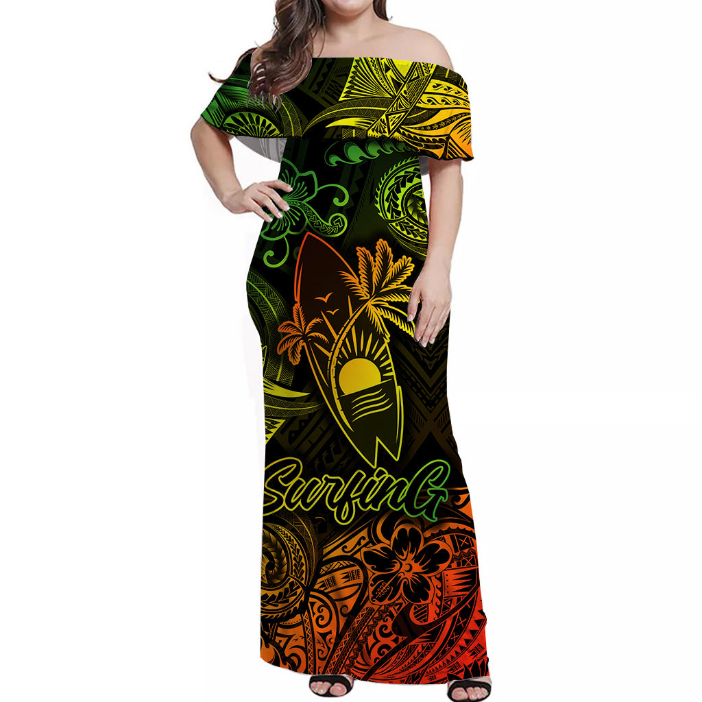 Hawaii Surfing Polynesian Off Shoulder Long Dress Unique Style Reggae