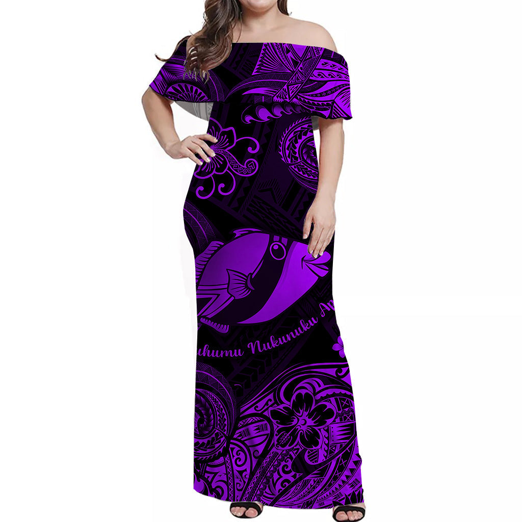 Hawaii State Fish: Humuhumu Nukunuku Apuaa Polynesian Off Shoulder Long Dress Unique Style Purple