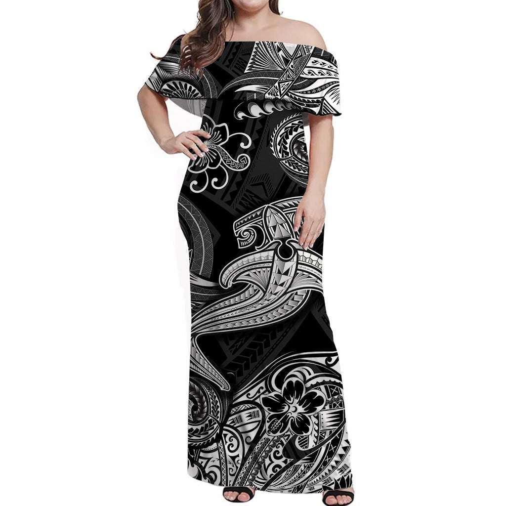 Hawaii Hammer Shark Polynesian Off Shoulder Long Dress Unique Style Black