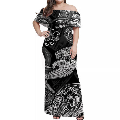 Hawaii Hammer Shark Polynesian Off Shoulder Long Dress Unique Style Black