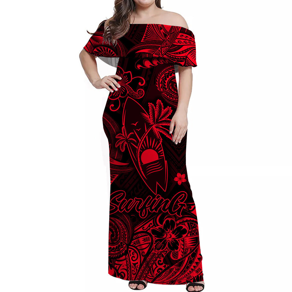 Hawaii Surfing Polynesian Off Shoulder Long Dress Unique Style Red